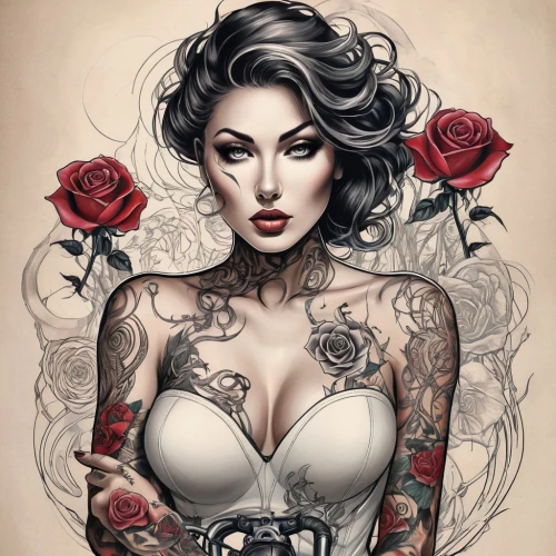 tattoo girl,viveros,valentine pin up,rosson,tattooist,vanderhorst,watercolor pin up,monami,valentine day's pin up,porcelain rose,widow flower,red roses,tattooists,red rose,wild roses,baroness,tattoos,rockabilly style,bella rosa,chicana,Illustration,Black and White,Black and White 07