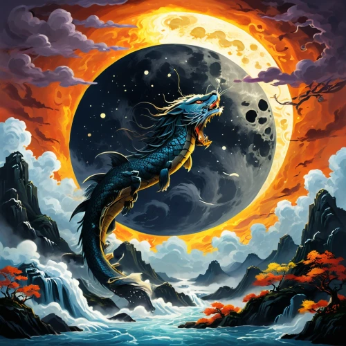 black horse,fantasy picture,moondragon,fantasy art,sun moon,pegasus,simorgh,pegasi,blue moon,skyhorse,nighthorse,pegasys,black dragon,howling wolf,dream horse,moonsorrow,darkhorse,lunae,darigan,brisingr,Illustration,American Style,American Style 02