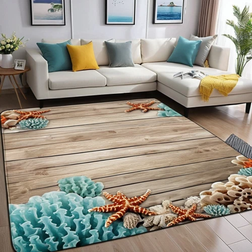 water sofa,coffee table,patterned wood decoration,wooden floor,rug,wood floor,flooring,modern decor,blue sea shell pattern,wooden mockup,hardwood floors,wood mirror,wood and beach,beach furniture,wooden planks,contemporary decor,wooden decking,wooden table,coffeetable,carpets,Photography,General,Realistic