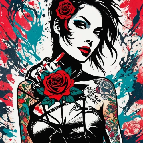 baroness,red rose,black rose,rosson,red roses,punk design,tattoo girl,viveros,arrow rose,widow flower,daffney,roses,monami,rosevelt,hip rose,rose,punk,deathrock,rosa,sky rose,Art,Artistic Painting,Artistic Painting 42