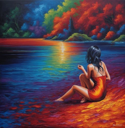 dubbeldam,oil painting on canvas,oil painting,art painting,girl on the river,mostovoy,dream art,pintura,pittura,indigenous painting,painting technique,sea landscape,colorful background,rainbow background,kupala,harmony of color,chudinov,lachapelle,fantasy picture,oil on canvas,Illustration,Realistic Fantasy,Realistic Fantasy 25