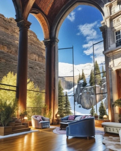 casa fuster hotel,luxury home interior,transparent window,loft,inside courtyard,mirror house,sky apartment,luxury property,home interior,glass roof,courtyard,mansion,loggia,interior decor,living room,beautiful home,great room,3d rendering,penthouses,parabolic mirror