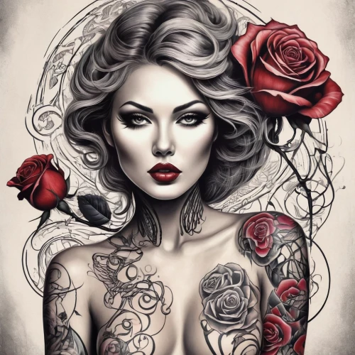 viveros,tattoo girl,red rose,red roses,vanderhorst,behenna,rosson,porcelain rose,valentine pin up,rose flower illustration,tattooist,wild roses,rose flower drawing,red magnolia,wild rose,boho art style,roses,with roses,watercolor pin up,black rose,Illustration,Black and White,Black and White 07