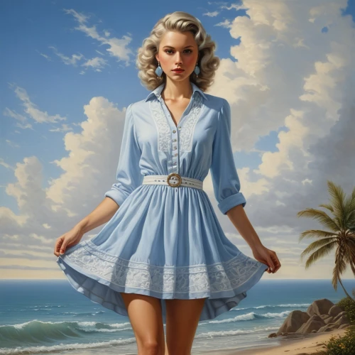 retro pin up girl,shirtdress,marilyn monroe,pin-up girl,blue hawaii,pin-up model,retro woman,pin up girl,retro pin up girls,50's style,retro girl,retro women,connie stevens - female,pin ups,marylyn monroe - female,beach background,tropico,vintage dress,azzurro,shirtdresses,Illustration,Realistic Fantasy,Realistic Fantasy 22