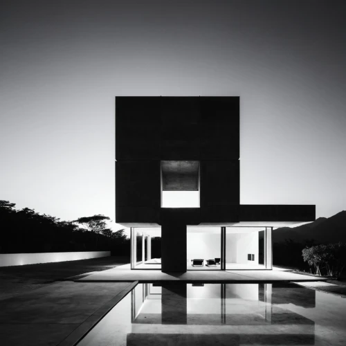 amanresorts,minotti,siza,adjaye,house silhouette,chillida,shulman,corbu,chipperfield,modern architecture,cube house,neutra,breuer,monolithic,mies,cubic house,bunshaft,mirror house,cantilevered,black table,Illustration,Black and White,Black and White 33