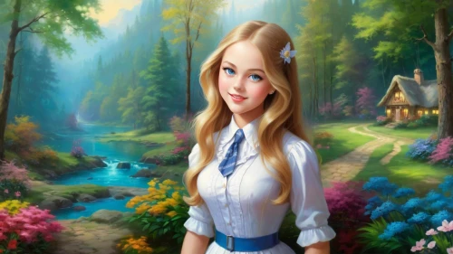 fairy tale character,fantasy picture,landscape background,eilonwy,forest background,children's background,girl in the garden,storybook character,dorthy,fantasy art,springtime background,nature background,fairyland,spring background,photo painting,fantasy portrait,lorien,world digital painting,cute cartoon image,gretel