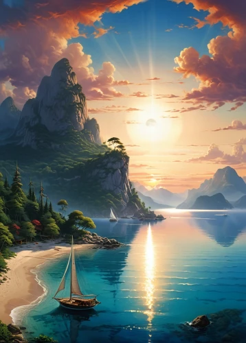 fantasy landscape,fantasy picture,landscape background,boat landscape,sea landscape,an island far away landscape,world digital painting,full hd wallpaper,coastal landscape,beautiful landscape,windows wallpaper,mountain and sea,ocean background,nature background,seascape,fantasy art,the endless sea,eventide,sun and sea,sailing boat,Conceptual Art,Sci-Fi,Sci-Fi 19