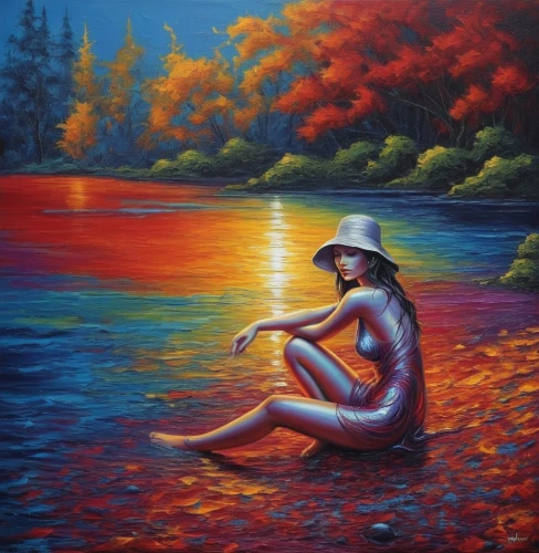 girl on the river,dubbeldam,oil painting on canvas,oil painting,dmitriev,kupala,art painting,mostovoy,oil on canvas,chudinov,indigenous painting,water nymph,mexican painter,the blonde in the river,pintura,bather,gantner,fisherwoman,yuriev,lacombe,Illustration,Realistic Fantasy,Realistic Fantasy 25