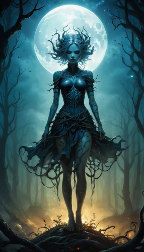 moonsorrow,blue enchantress,dark elf,druidic,the enchantress,hecate,dark art,sorceress,dryad,necromancer,unseelie,hekate,enchantress,sorceror,sorcerous,eldritch,sorceresses,fantasy art,umbral,halloween background,Illustration,Realistic Fantasy,Realistic Fantasy 04