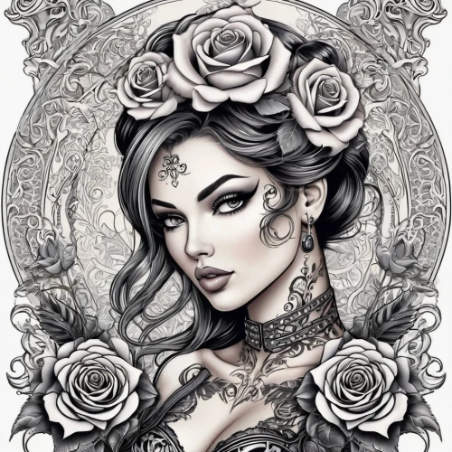 viveros,rosson,rose flower illustration,victorian lady,porcelain rose,victoriana,white rose snow queen,boho art style,persephone,gardenias,gardenia,black rose,alecto,vanderhorst,rose flower drawing,chicana,victorian style,widow flower,baroness,hecate,Illustration,Black and White,Black and White 03