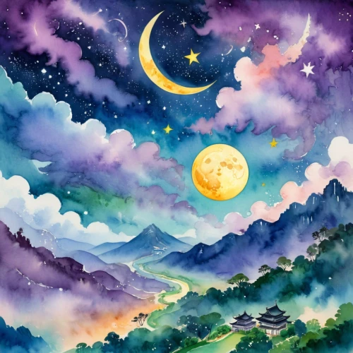 moon and star background,moonlit night,landscape background,chuseok,mid-autumn festival,lunar landscape,moon night,fantasy landscape,watercolor background,hanging moon,night sky,dream world,stars and moon,moon and star,dreamscapes,dreamscape,moonscapes,world digital painting,ghibli,moonlit,Illustration,Paper based,Paper Based 25