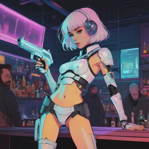 cyberpunk,bartender,cyberpunks,bar,cyberangels,motoko,barmaid,bartending,heavy object,cyberdog,barkeep,barranger,barmaids,spaceland,neon coffee,xcom,cyberpatrol,bartenders,bladerunner,polara,Illustration,Paper based,Paper Based 19