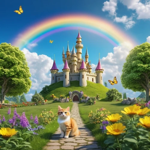 fantasyland,fantasy picture,fairyland,children's background,thunderclan,fairy tale castle,aristocats,felidae,imaginationland,magical adventure,fantasy world,riverclan,fairy world,pot of gold background,fairy tale,leafstar,rainbow background,3d fantasy,a fairy tale,storybook,Photography,General,Realistic