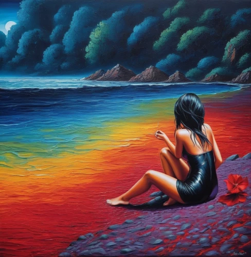 dark beach,black sand,black beach,oil painting on canvas,beach landscape,art painting,sea landscape,oil painting,ladyland,dubbeldam,undertow,dream art,girl on the dune,red sand,surrealism,peinture,seascape,lacombe,oil on canvas,psychosynthesis,Illustration,Realistic Fantasy,Realistic Fantasy 25