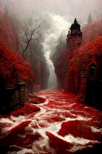 ravine red romania,landscape red,germany forest,fantasy landscape,lava river,fantasy picture,black forest,autumn fog,flooded pathway,red earth,ourthe,northern black forest,flooded,floodwaters,eltz,red cliff,autumn scenery,red sea,floodwater,flashfloods