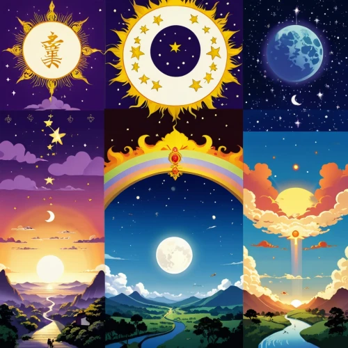 moons,moon phases,sun and moon,celestial bodies,lunar phases,sun moon,solar system,zodiacal signs,rainbow jazz silhouettes,phase of the moon,planets,four seasons,fairy tale icons,moon and star background,icon set,five elements,the solar system,celestials,rainbow and stars,rainbow color palette,Illustration,Children,Children 02