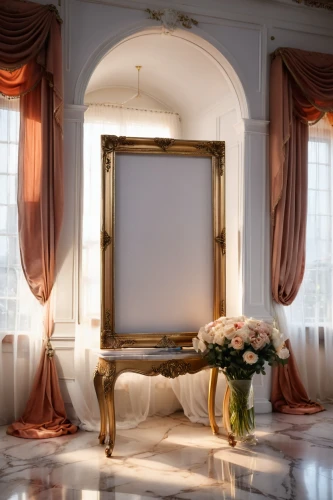 gold stucco frame,bridal suite,wedding frame,decorative frame,damask background,bedchamber,ornate room,gustavian,interior decor,interior decoration,art deco frame,wedding decoration,a curtain,four poster,peony frame,ballrooms,art nouveau frames,wedding hall,neoclassical,curtain,Photography,General,Cinematic