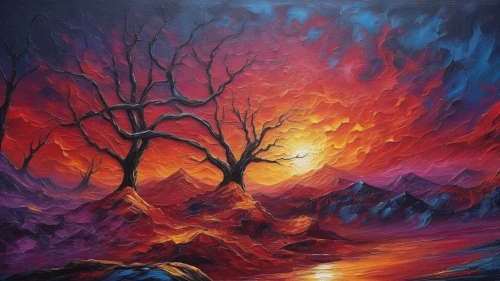 oil painting on canvas,oil painting,oil on canvas,solar eruption,burning bush,painting technique,volcanic landscape,eruption,forest landscape,forest fire,art painting,fire in the mountains,fantasy landscape,mountain sunrise,volcanic,dead vlei,beltane,lava river,painted tree,scorched earth,Illustration,Realistic Fantasy,Realistic Fantasy 25