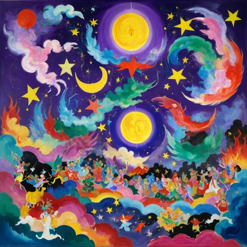 fairy galaxy,odessey,mid-autumn festival,moonbeams,colorful stars,night stars,celestial bodies,stars and moon,falling stars,celestials,dreamtime,rainbow and stars,colorful star scatters,moonlighters,chuseok,dreamscapes,dream world,moon and star background,dreamscape,the night sky,Conceptual Art,Oil color,Oil Color 20