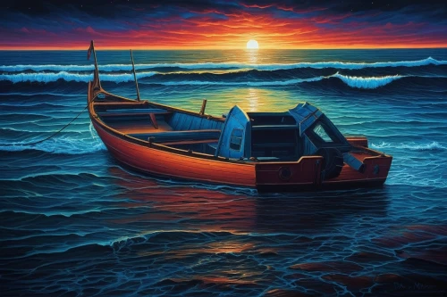 boat on sea,fishing boat,boat landscape,fishing boats,el mar,wooden boat,lifeboat,row boat,old wooden boat at sunrise,water boat,boat,small boats on sea,sailing boat,seascape,dories,sea landscape,oil painting on canvas,wieslaw,sailboat,canoe,Illustration,Realistic Fantasy,Realistic Fantasy 25