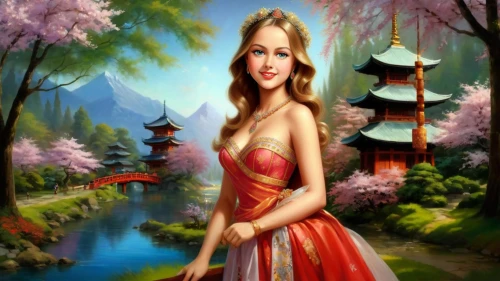 oriental princess,japanese sakura background,landscape background,fantasy picture,diaochan,oriental painting,oriental girl,songling,yuexiu,shannxi,qibao,jingqian,shennong,fairy tale character,anarkali,qimin,huahong,hanfu,fantasy art,guqin