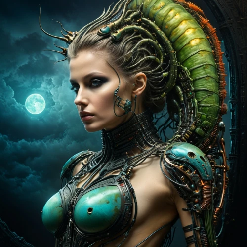 alien warrior,fantasy art,cybernetic,cybernetically,biomechanical,witchblade,sci fi,gorgon,planescape,enchantress,starcraft,sci fiction illustration,kerrii,cyberangels,moondragon,giger,transhuman,medusa,cybernetics,warrior woman,Photography,General,Fantasy