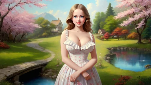 fantasy picture,spring background,springtime background,girl in a long dress,fairy tale character,fantasy art,landscape background,japanese sakura background,girl in the garden,world digital painting,ninfa,the blonde in the river,the cherry blossoms,persephone,girl in flowers,jessamine,behenna,secret garden of venus,art painting,photo painting