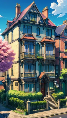 apartment house,victorian house,violet evergarden,dreamhouse,townhome,brownstones,beautiful home,townhouse,maplecroft,beautiful buildings,apartment building,clannad,townhouses,old victorian,townhomes,victorian,apartment complex,house painting,rowhouse,victoriana,Illustration,Japanese style,Japanese Style 03