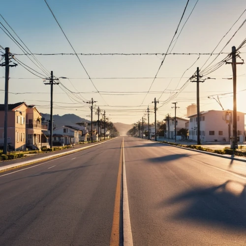 empty road,suburbanization,road,tram road,asphalt road,vanishing point,high-voltage power lines,road surface,suburbia,streetscapes,city highway,suburbs,thoroughfares,the road,aaa,vineyard road,country road,roadworthiness,lbi,road to nowhere,Photography,General,Realistic