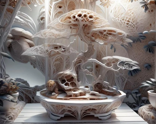 tureens,3d fantasy,delftware,fractals art,vespertine,wood carving,mandelbulb,paper art,fractal environment,porcelaine,decorative fountains,ceramiche,ceramics,ceramist,carved wood,haeckel,tureen,ornate room,porcelain,woodcarving