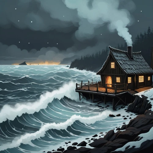 fisherman's hut,fisherman's house,house by the water,sea storm,sea night,stormy sea,boathouse,floating huts,boat house,house of the sea,cottage,house with lake,houseboat,small cabin,lonely house,japanese waves,the wind from the sea,tsunamis,log home,world digital painting
