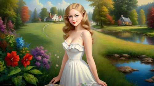 girl in a long dress,the blonde in the river,girl in the garden,young woman,kisling,woman with ice-cream,girl in a long,girl on the river,art painting,blonde woman,girl in white dress,lachapelle,pin-up girl,photo painting,retro pin up girl,oil painting,fantasy picture,young girl,girl in flowers,oil painting on canvas