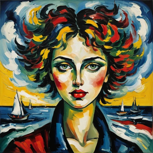 girl on the boat,mousseau,david bates,goncharova,yachtswoman,fauvist,portrait of a girl,portrait of a woman,nielly,girl on the river,strindberg,woman portrait,the sea maid,cerati,young woman,woman holding pie,azzurra,roy lichtenstein,contessa,melpomene,Art,Artistic Painting,Artistic Painting 37