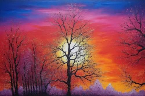 autumn trees,autumn landscape,halloween bare trees,winter landscape,red tree,bare trees,autumn tree,oil painting on canvas,forest landscape,painted tree,fall landscape,landscape red,autumn forest,art painting,winter forest,autumn background,winter tree,orange sky,tree grove,forest fire,Illustration,Realistic Fantasy,Realistic Fantasy 25