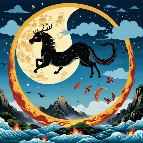 qilin,simorgh,moondragon,unicorn background,black horse,nikorn,pegasi,buraq,ratri,animals hunting,dragon of earth,zodiac sign leo,elron,clariden,sleipnir,narnian,liong,capricorn,pegasus,dragon fire,Illustration,Children,Children 02