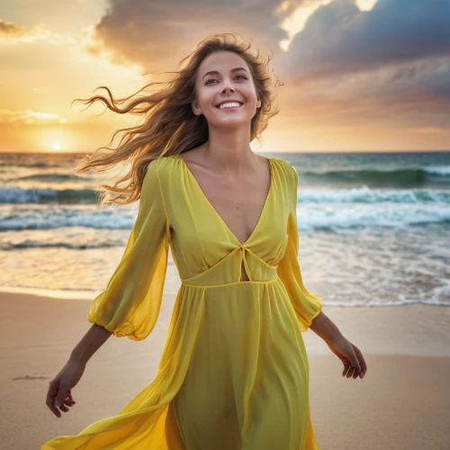 yellow jumpsuit,beach background,girl on the dune,sclerotherapy,exhilaration,sonrisa,sprint woman,eurythmy,liposomal,noninvasive,girl in a long dress,yellow,more radiant,solar plexus chakra,walk on the beach,ecstatic,cheerful,yellow background,exhilaratingly,nonsurgical,Photography,General,Realistic