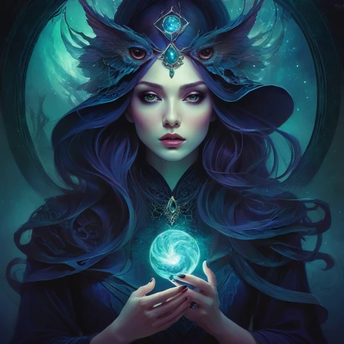 blue enchantress,fantasy portrait,hecate,sorceress,conjurer,magick,magickal,wiccan,mystical portrait of a girl,fantasy art,fortuneteller,the enchantress,sorceresses,sorceror,zodiac sign libra,priestess,spellcaster,spellcasting,undine,sorcerous,Illustration,Realistic Fantasy,Realistic Fantasy 15