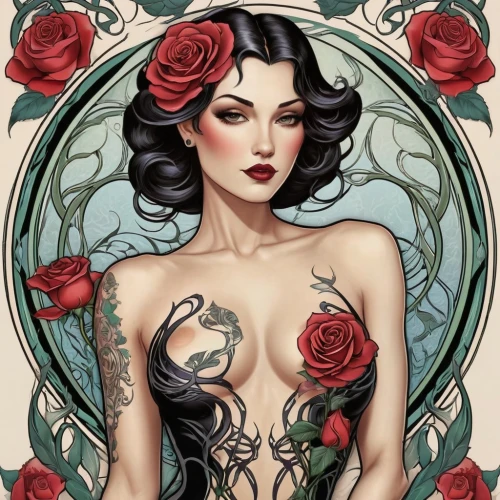 valentine pin up,valentine day's pin up,watercolor pin up,baroness,viveros,rose flower illustration,bella rosa,dita,rosa bonita,porcelain rose,gardenias,red roses,red magnolia,roses,vampira,vampirella,dita von teese,chicanas,magnolias,eldena,Illustration,Retro,Retro 08