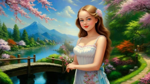 girl in flowers,landscape background,springtime background,fantasy picture,spring background,ninfa,girl in a long dress,world digital painting,girl in the garden,art painting,fairy tale character,photo painting,flower painting,japanese sakura background,girl picking flowers,fantasy art,girl on the river,mikimoto,anarkali,oriental painting