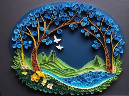 embroidery hoop,floral silhouette frame,glass painting,water lily plate,circle shape frame,fairy door,floral and bird frame,decorative plate,blue birds and blossom,blue leaf frame,wooden plate,flourishing tree,door wreath,blooming wreath,mushroom landscape,mirror in the meadow,nursery decoration,paper art,applique,flower painting,Unique,Paper Cuts,Paper Cuts 01