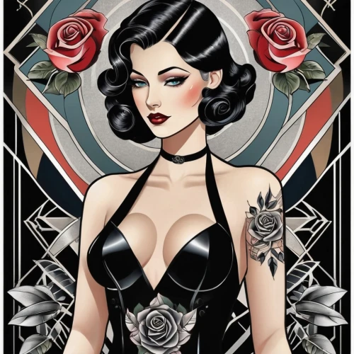 valentine pin up,baroness,valentine day's pin up,dita,art deco woman,black rose,viveros,retro pin up girl,zatara,bettie,vampira,pin ups,pin up girl,burlesques,dita von teese,chicana,chicanas,queen of hearts,black rose hip,porcelain rose,Illustration,Vector,Vector 18