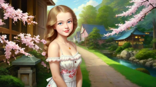 aerith,spring background,springtime background,fairy tale character,dirndl,girl in the garden,fantasy picture,landscape background,girl in a long dress,anarkali,girl in flowers,housemaid,japanese sakura background,country dress,dressup,rosalinda,princess anna,romantic look,rosaline,celtic woman