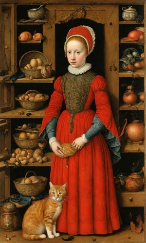 netherlandish,girl with bread-and-butter,girl in the kitchen,catesby,cranach,tudor,elizabeth i,miniaturist,woman holding pie,cat european,catroux,red tabby,ginger cat,pinturicchio,elizabethan,petrina,catterton,bellini,nelisse,reinagle