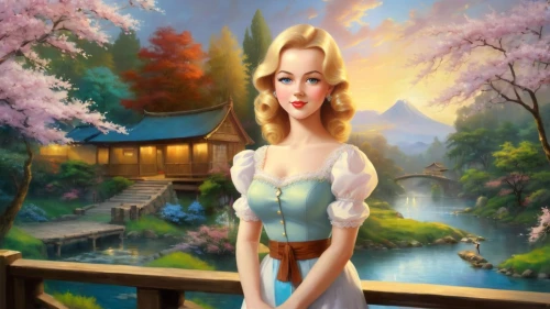 fantasy picture,dorthy,the blonde in the river,fairy tale character,springtime background,maureen o'hara - female,magnolia,world digital painting,cartoon video game background,fantasy art,pin-up girl,landscape background,thumbelina,ninfa,retro pin up girl,spring background,3d fantasy,stepford,photo painting,blossman