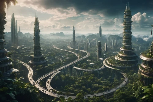 futuristic landscape,ecotopia,terraformed,superhighways,yavin,citadels,theed,fantasy city,ancient city,naboo,road of the impossible,ordos,futuristic architecture,cardassia,sedensky,alien world,terraforming,ringworld,rivendell,fantasy landscape,Photography,General,Cinematic