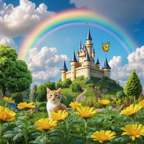 fantasy picture,fairyland,pot of gold background,children's background,thunderclan,cat pageant,rainbow background,skyclan,riverclan,fairy tale castle,worldcat,cat image,fairy world,fairytale castle,magical adventure,fairy tale,felids,oktoberfest cats,leafstar,a fairy tale,Photography,General,Realistic