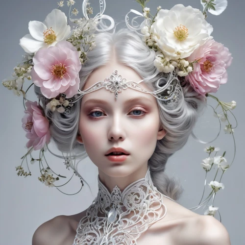 jingna,flower fairy,elven flower,faery,headpiece,headdresses,adornment,white rose snow queen,spring crown,fairy queen,headdress,faerie,flower girl,blooming wreath,porcelain rose,white blossom,filigree,circlet,oriental princess,adornments,Photography,General,Realistic