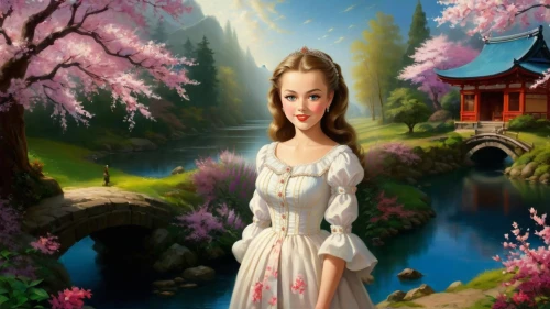 fantasy picture,japanese sakura background,landscape background,spring background,springtime background,fantasy art,oriental princess,oriental painting,world digital painting,girl on the river,the cherry blossoms,fairy tale character,sakura background,oriental girl,art painting,yiping,fantasy portrait,girl in flowers,girl in the garden,kunqu