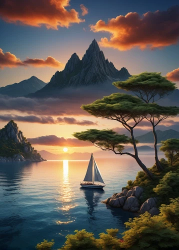 an island far away landscape,fantasy landscape,boat landscape,landscape background,sea landscape,world digital painting,fantasy picture,sailing,sailing boat,archipelagos,mountain and sea,beautiful landscape,sailing ships,coastal landscape,islands,seascape,sailing boats,sailing ship,landscape with sea,sea sailing ship,Conceptual Art,Sci-Fi,Sci-Fi 20