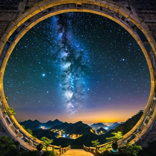 stargates,astronomy,the milky way,milky way,round window,porthole,moon and star background,starry sky,airglow,portals,starscape,astronomical,starry night,the night sky,little planet,window to the world,semi circle arch,windows wallpaper,huangshan,heaven gate,Illustration,American Style,American Style 02